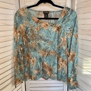 Capri Baby Blue and Brown Dyed Filigree Print Long Sleeve Twist Neckline Top